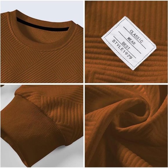 Men Men's Crewneck Sweat Soild‎ Color Geometric Texture Long Sleeve Casual Shirt - Picture 3 of 6